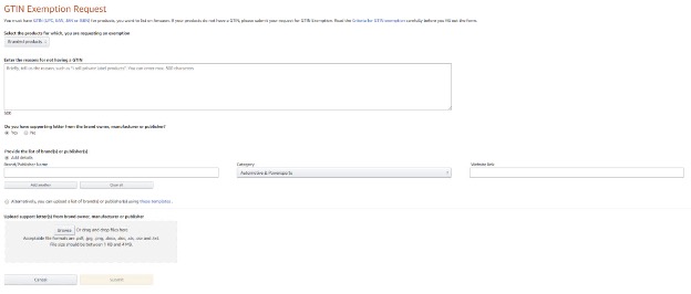 here's what the GTIN Exemption form looks like