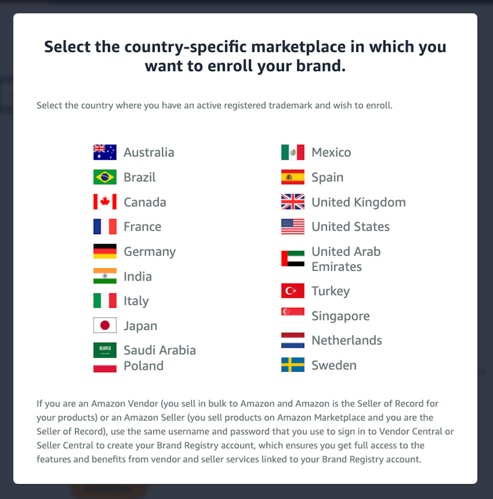 select country where you wish to have your brand appear on amazon