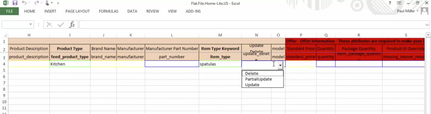 After downloading a flat file template the next step is to add your product details to the spreadsheet.